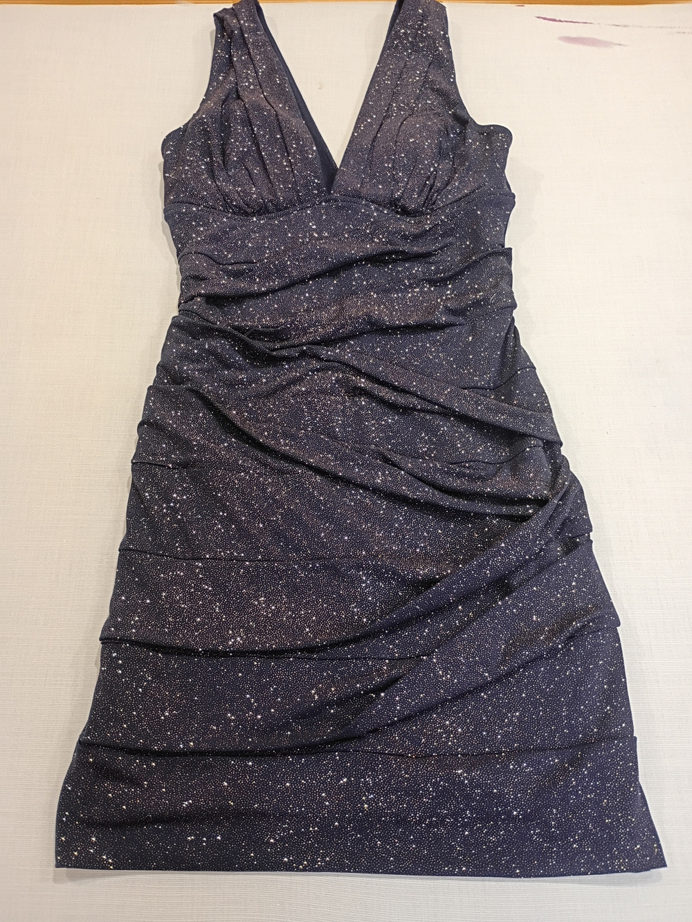 Windsor Navy Sparkle Ruched V-Neck Mini Dress Size m - Picture 2 of 6